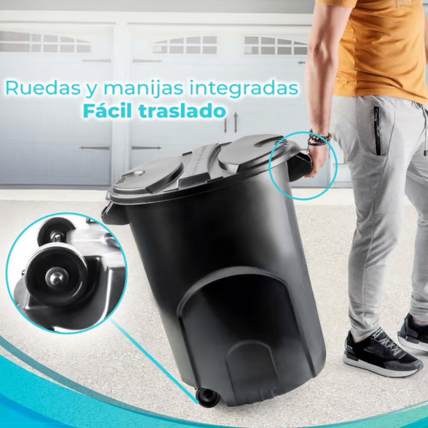 Caneca de basura negra / Tanque de agua negro de 120 litros con tapa y ruedas