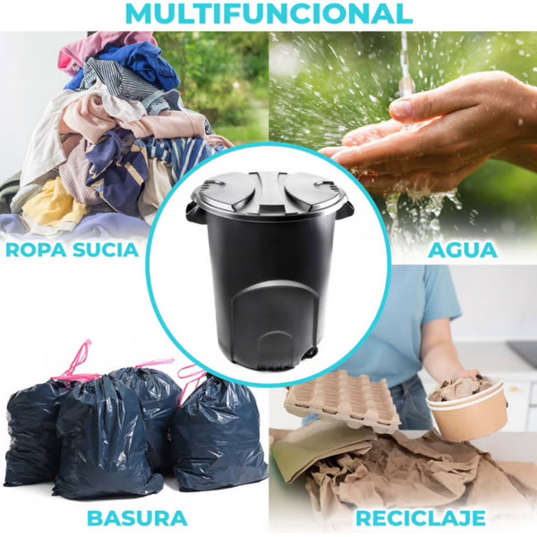 Caneca de basura negra / Tanque de agua negro de 120 litros con tapa y ruedas