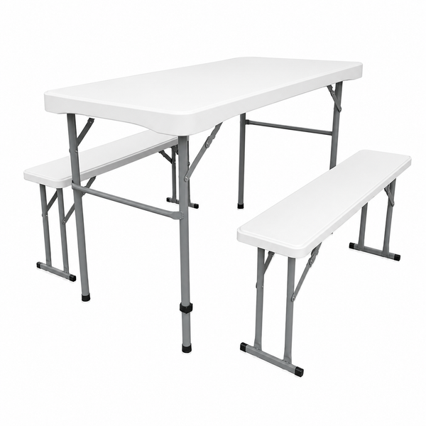 Juego de Mesa y Dos Bancos Plegables Camping Bali Blanco
