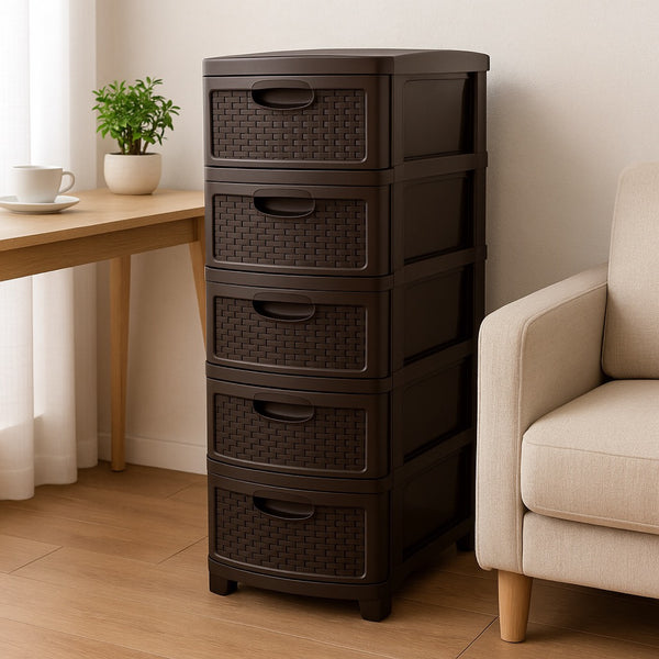 Cajonera Plástica Ratán Café Oscuro 5 Gavetas