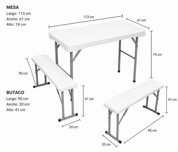 Juego de Mesa y Dos Bancos Plegables Camping Bali Blanco