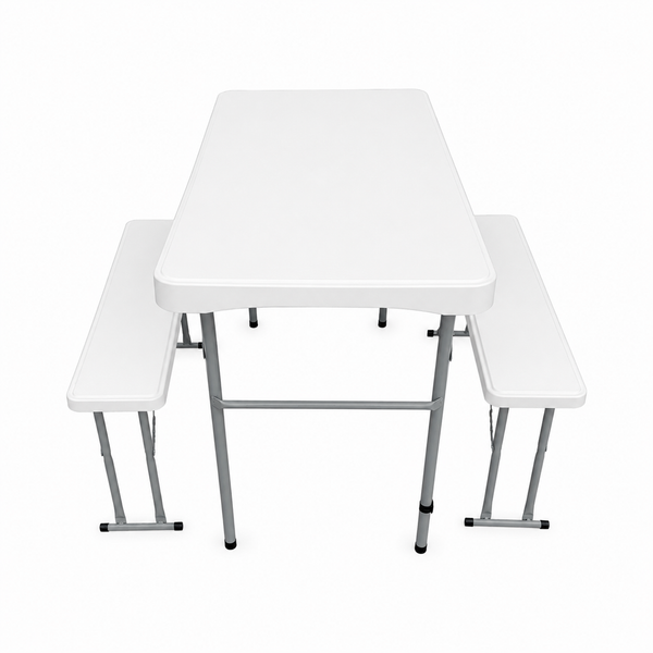 Juego de Mesa y Dos Bancos Plegables Camping Bali Blanco