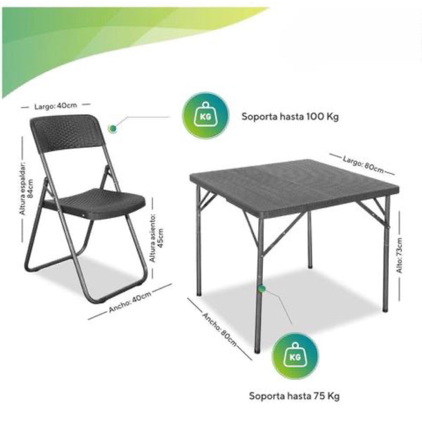 Comedor Plegable de 4 Puestos Tipo Ratán Negro