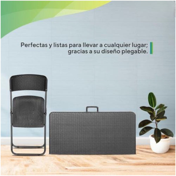 Comedor Plegable de 4 Puestos Tipo Ratán Negro